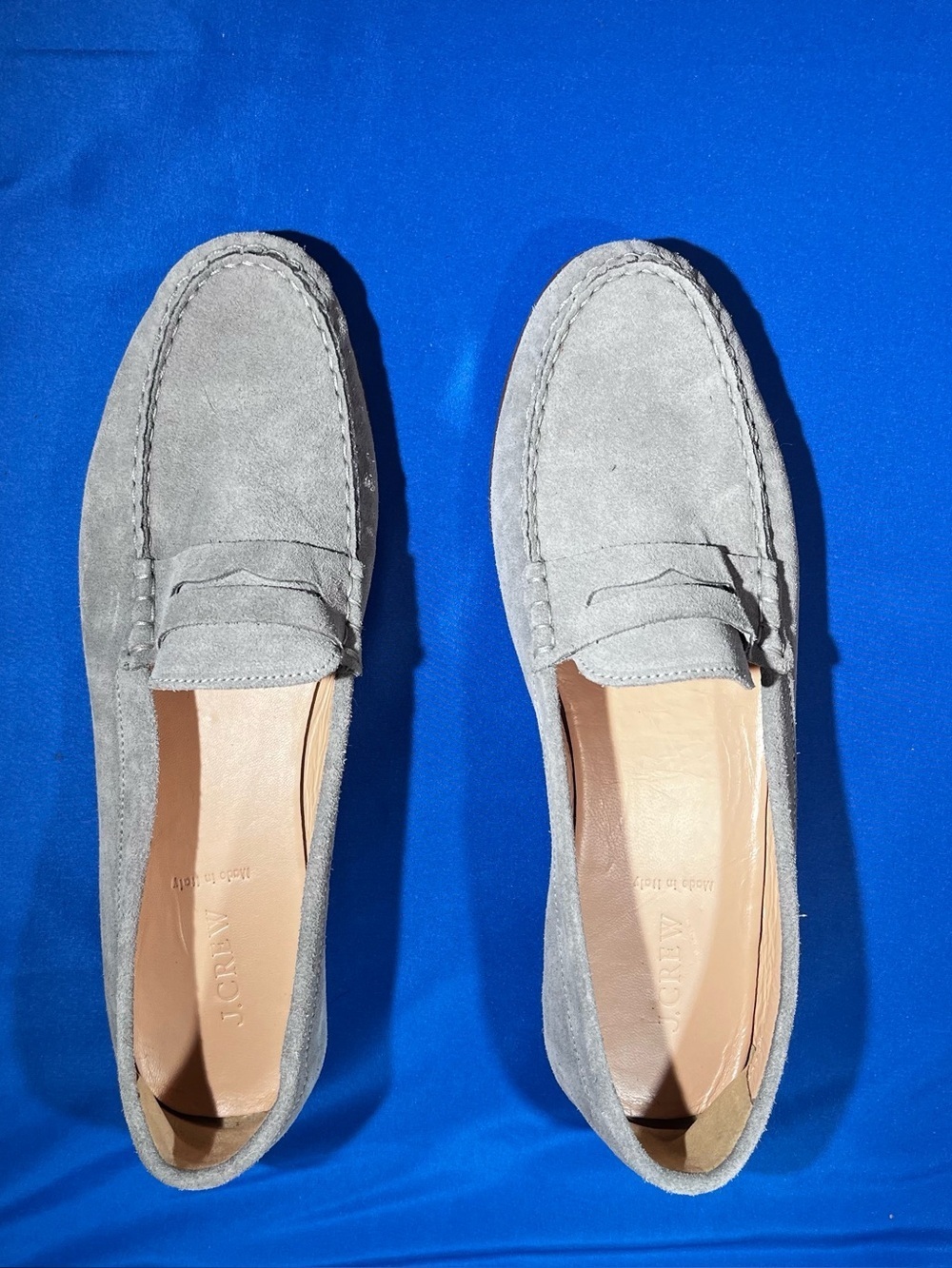 J Crew women’s grey suede loafers size 12.